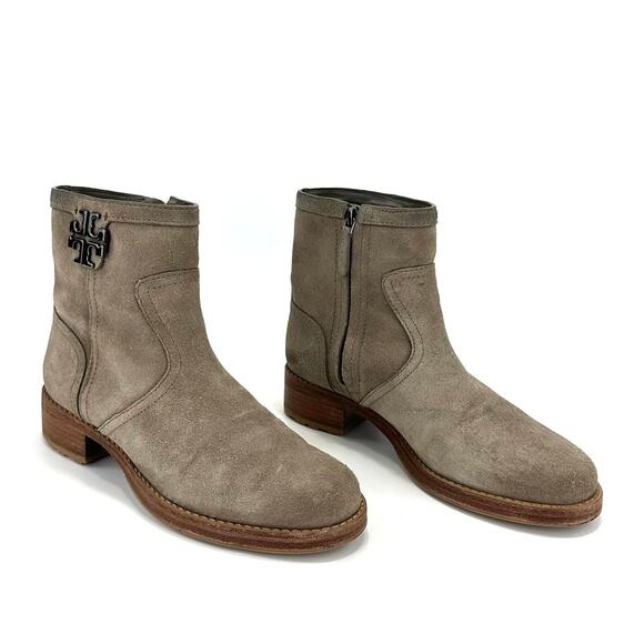 Tory Burch Eloise Women Tan Flat Bootie Sz 7M Suede Leather Low Heel Ankle Boot - Picture 1 of 16